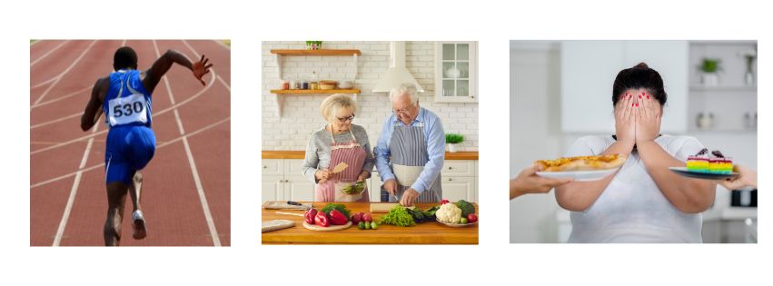 athlete, older couple cooking, person trying not to eat junk food