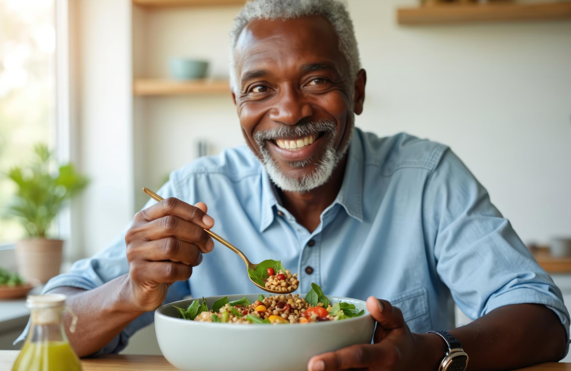 man enjoying a bowl of salad