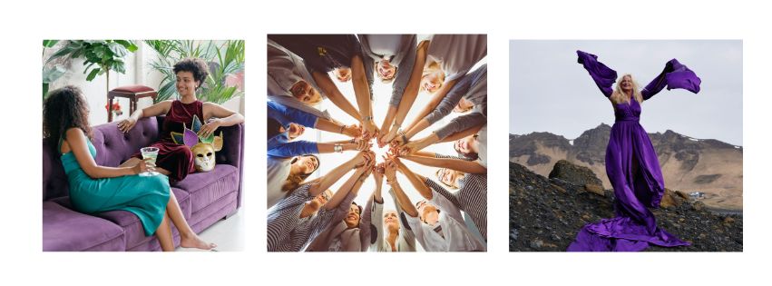3 pics: 2 women on sofa, woman in a circle linking hands and woman in a purple dress raising her arms